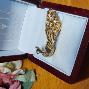 Goldtone Peacock Brooch Clear Crystals